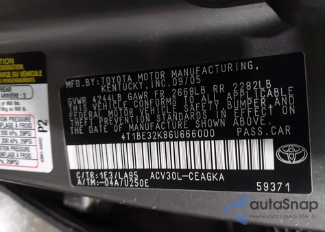 2006 Toyota Camry Xle z USA, uszkodzony, nr VIN 4T1BE32K86U666000